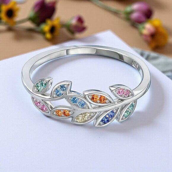 🆕 Minimalist Leaf Ring S925 Sterling Silver Colorful CZ Dainty Olive Branch - Picture 10 of 10